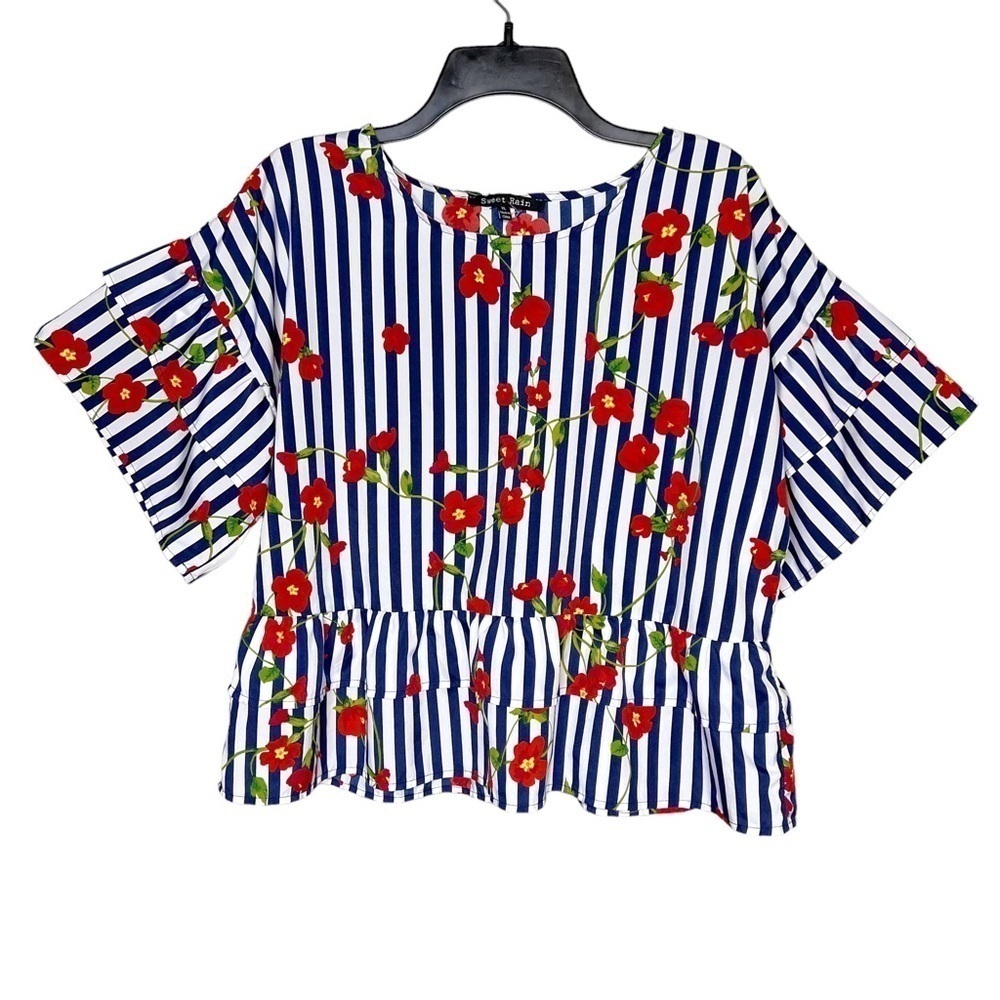 Sweet Rain Stripe Floral Ruffled Tiered Blouse